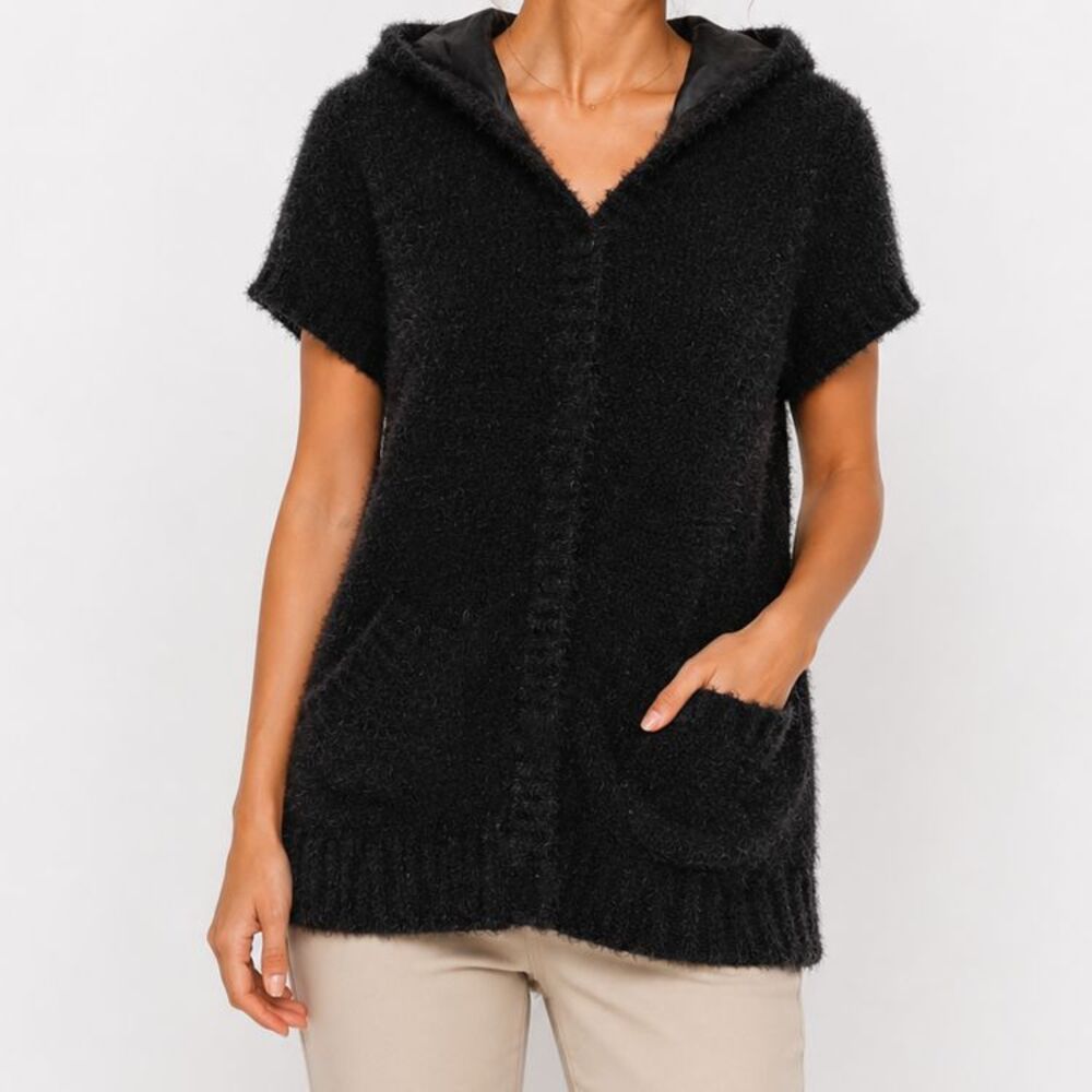 Evy's Tree The Vanessa Hooded Cardigan Sweater M/L Black Mohair Blend Zip Front